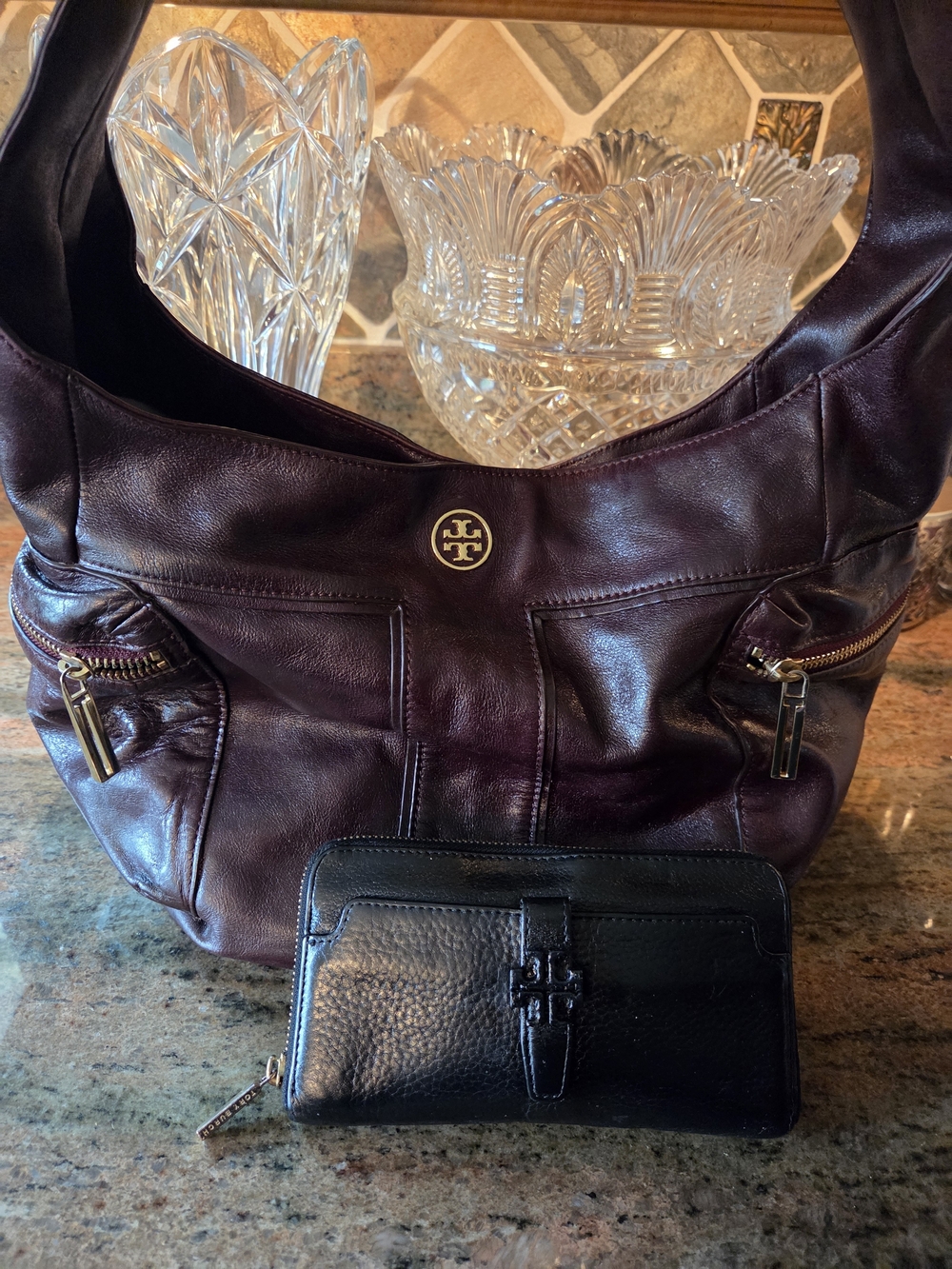Tory Burch Dark Brown Leather Hobo Bag with Black Wallet